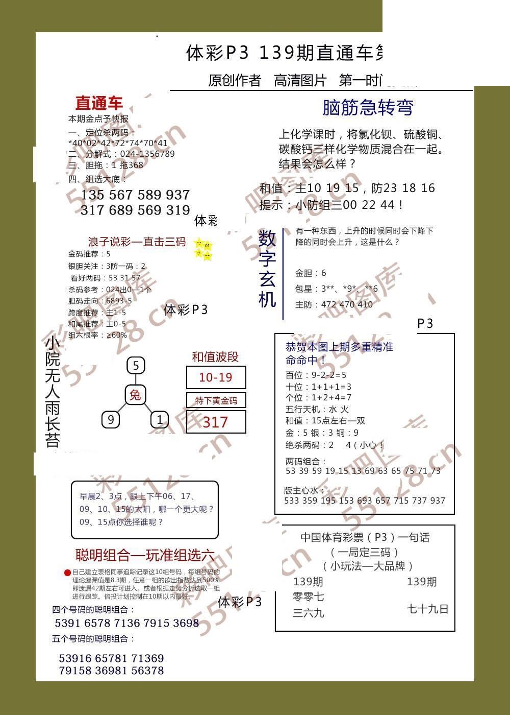 直通车AB版139期体彩p3图谜