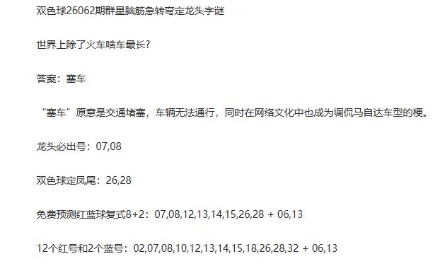 26年福彩双色球062期 群星脑筋急转弯定龙头字谜