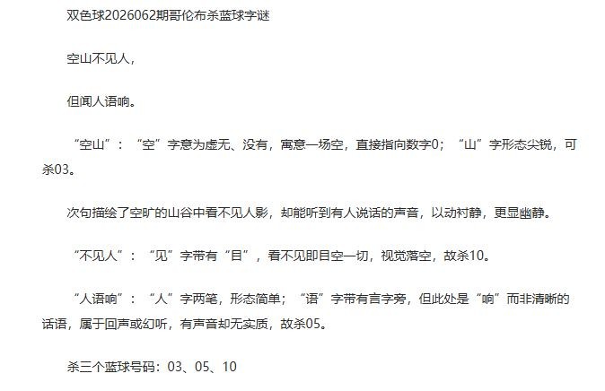 26年福彩双色球062期 哥伦布一句杀蓝球字谜