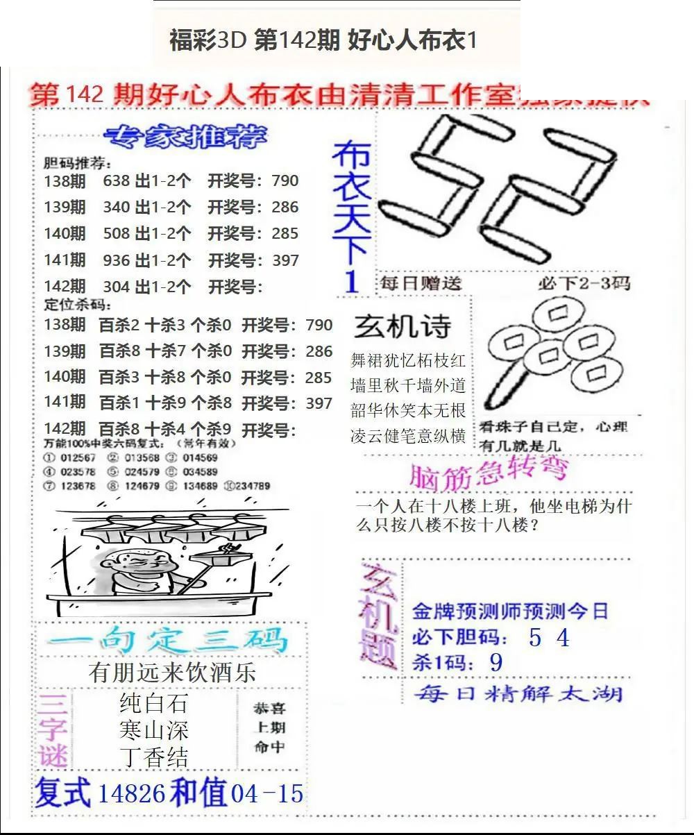 好心布衣2026142期3d图谜