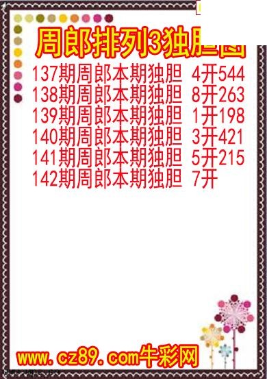 26年142期周郎排列3独胆图
