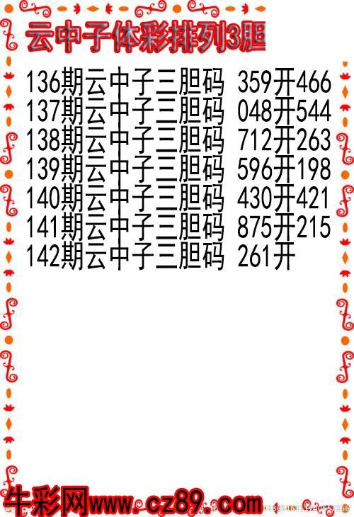 26年142期云中子体彩排列3胆码图