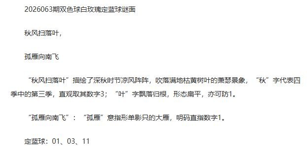 26年福彩双色球063期 白玫瑰定蓝球字谜