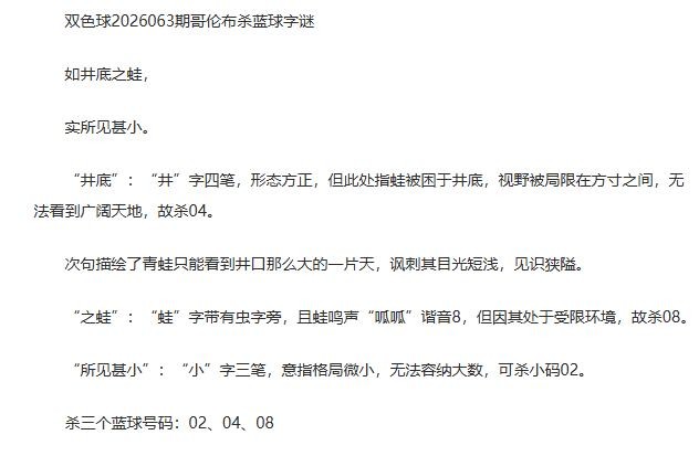 26年福彩双色球063期 哥伦布一句杀蓝球字谜