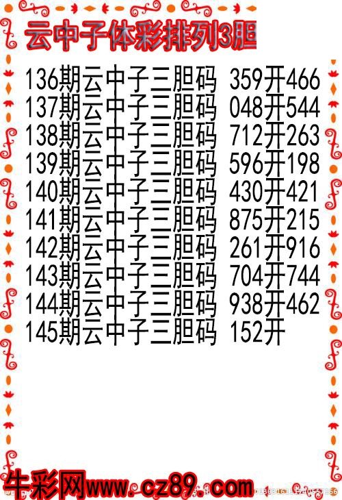 26年145期云中子体彩排列3胆码图