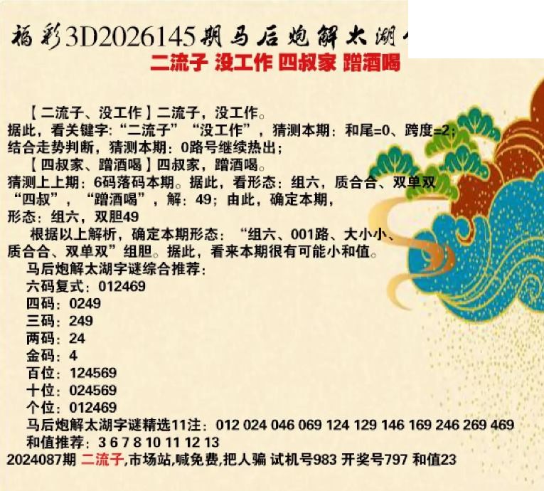 马后炮解26年145期3d太湖钓叟之 蹭酒喝