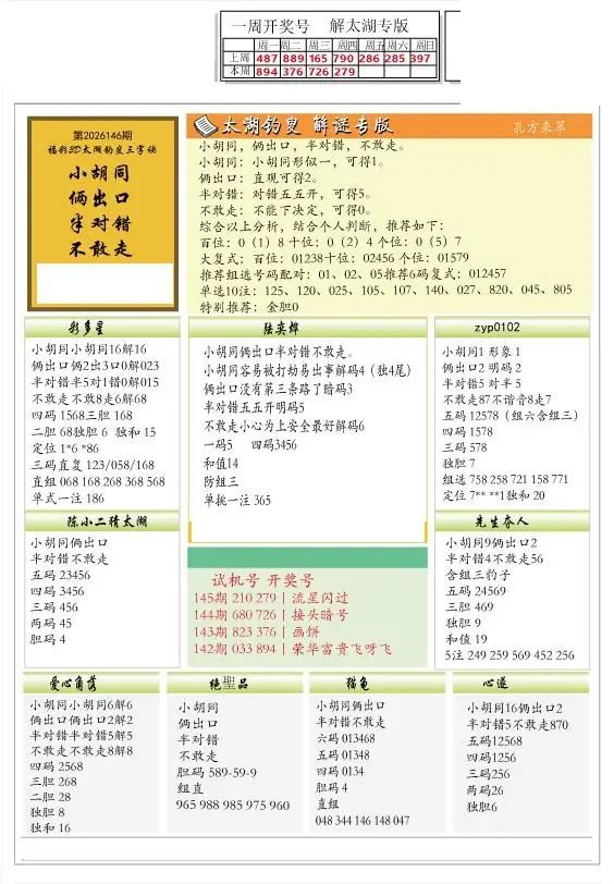 2026146期解太湖3d字图迷汇总报