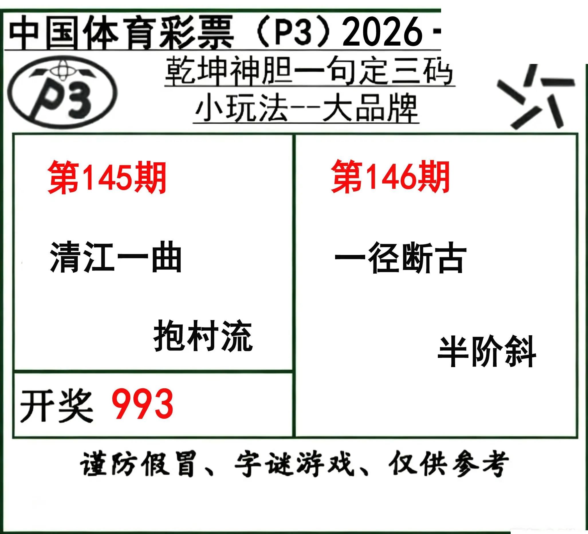 乾坤一句定三码26年146期P3图谜