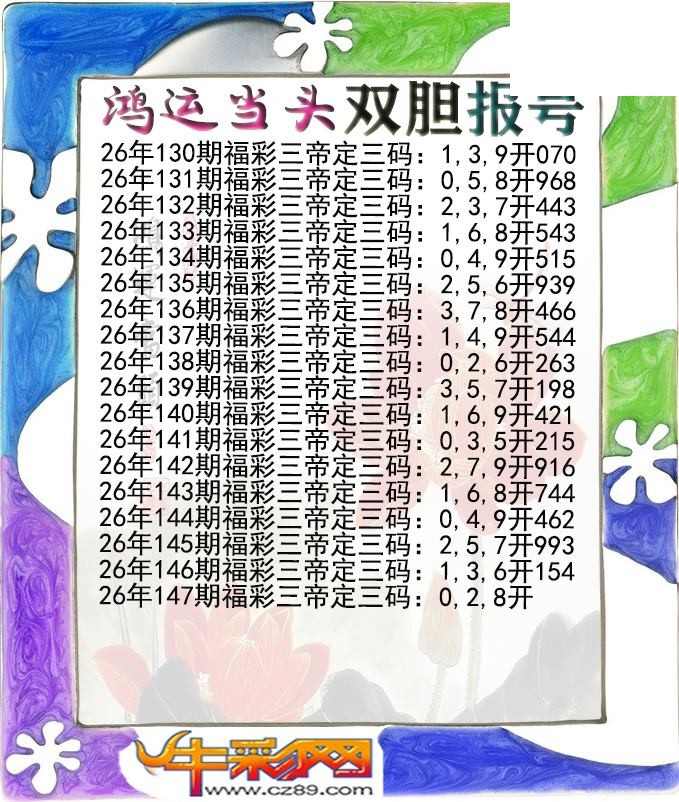 鸿运当头双胆报号147期体彩P3图谜