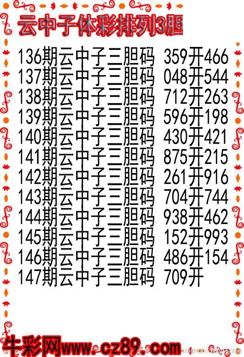26年147期云中子体彩排列3胆码图