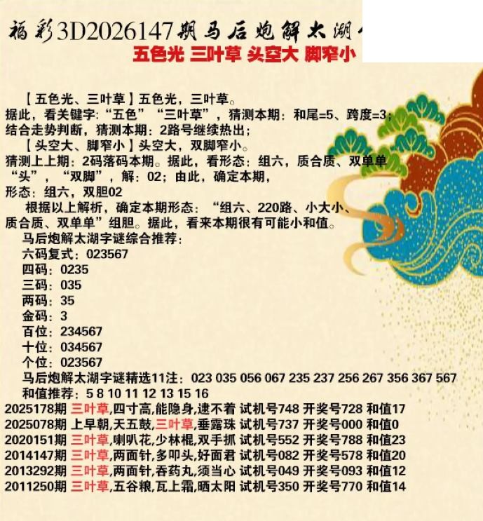 马后炮解26年147期3d太湖钓叟之 脚窄小