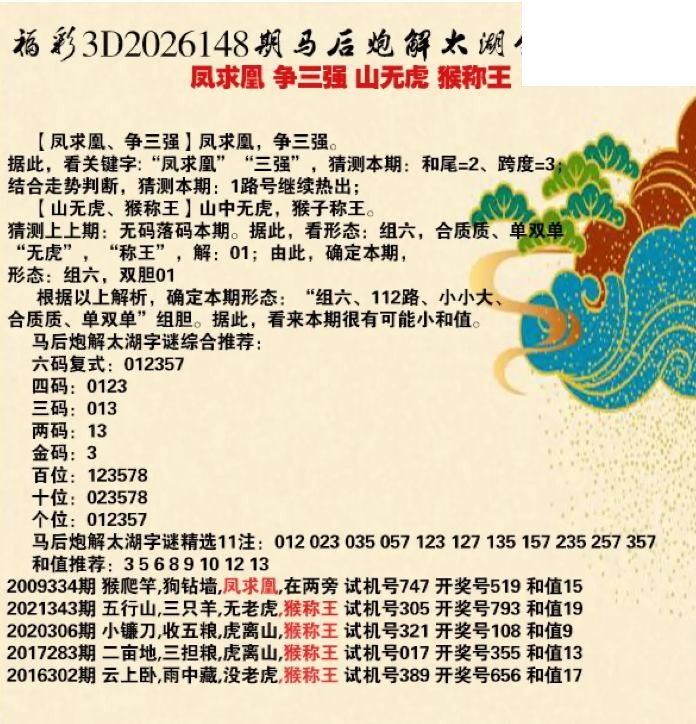 马后炮解26年148期3d太湖钓叟之 猴称王
