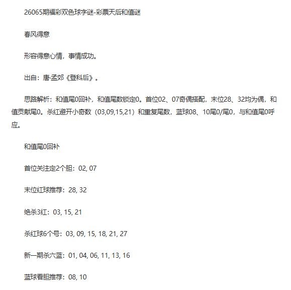 26年福彩双色球065期 彩票天后和值谜