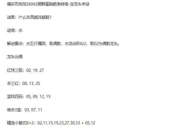 26年福彩双色球065期 群星脑筋急转弯定龙头字谜