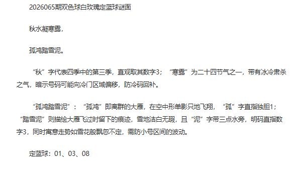 26年福彩双色球065期 白玫瑰定蓝球字谜