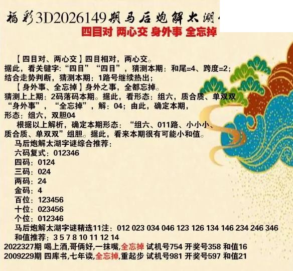 马后炮解26年149期3d太湖钓叟之 全忘掉