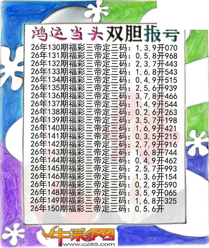 鸿运当头双胆报号150期体彩P3图谜