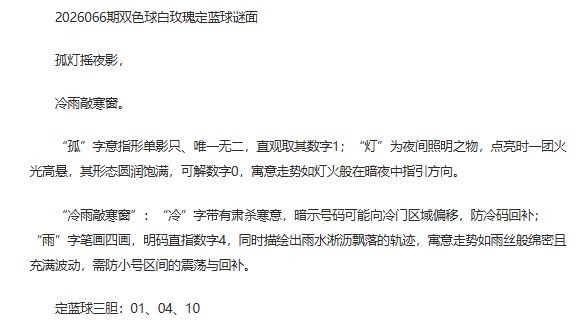 26年福彩双色球066期 白玫瑰定蓝球字谜