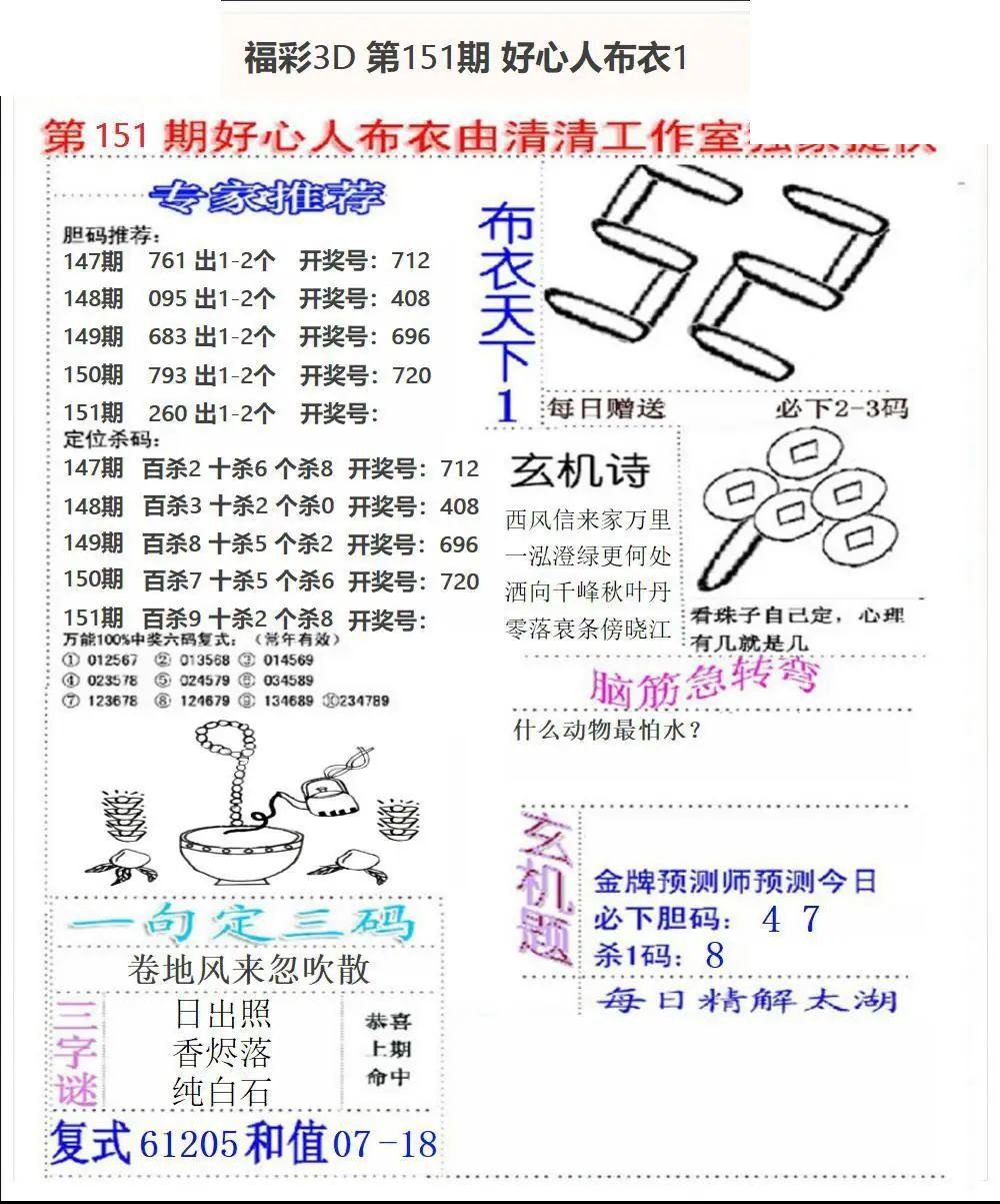 好心布衣2026151期3d图谜