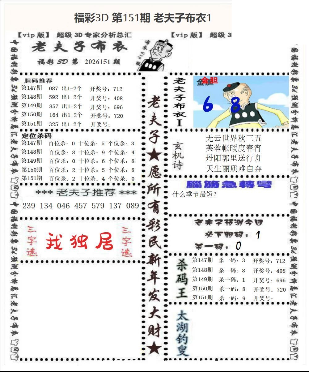 老夫子布衣2026151期3d图谜