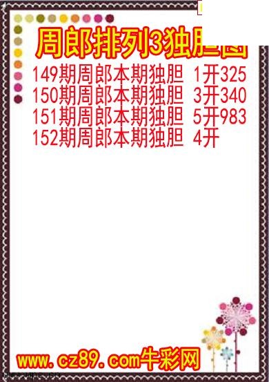 26年152期周郎排列3独胆图