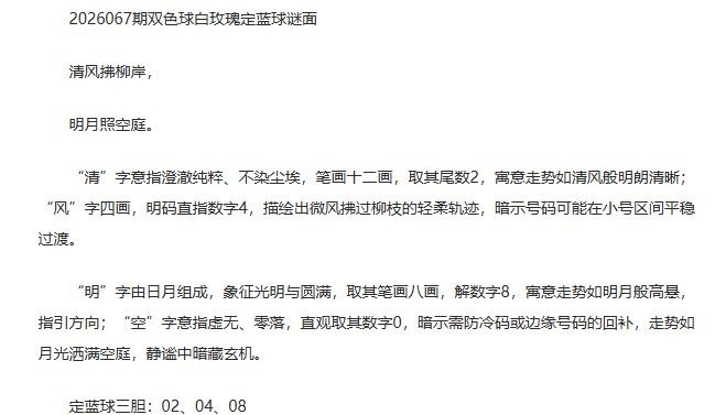 26年福彩双色球067期 白玫瑰定蓝球字谜