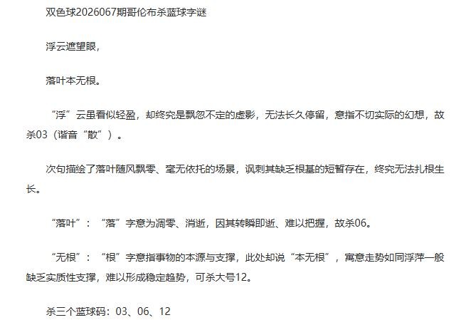 26年福彩双色球067期 哥伦布一句杀蓝球字谜