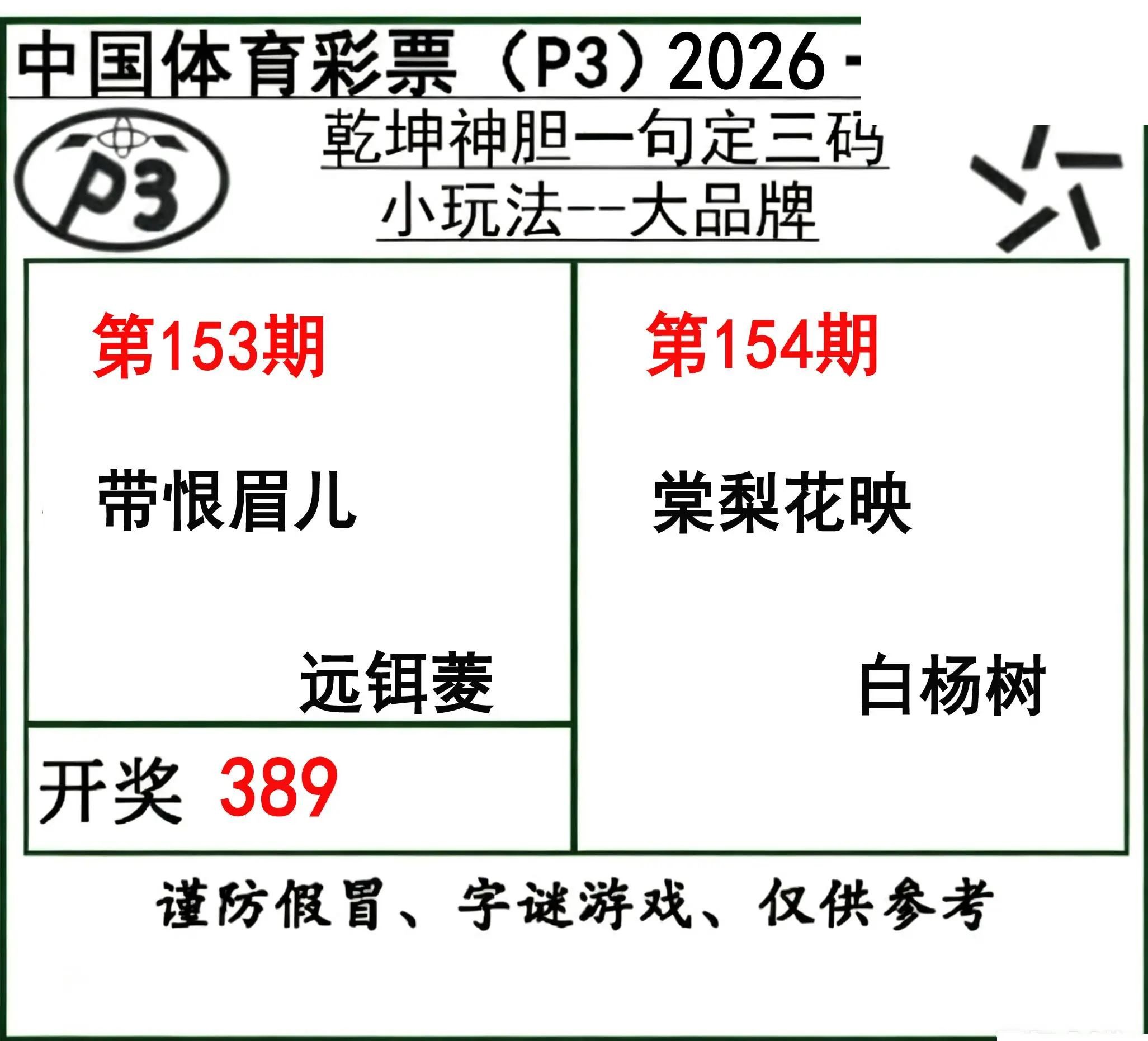 乾坤一句定三码26年154期P3图谜