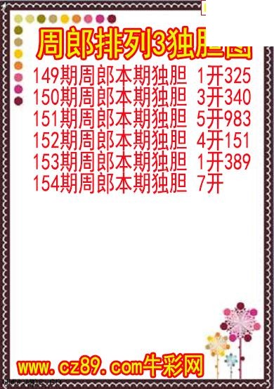 26年154期周郎排列3独胆图