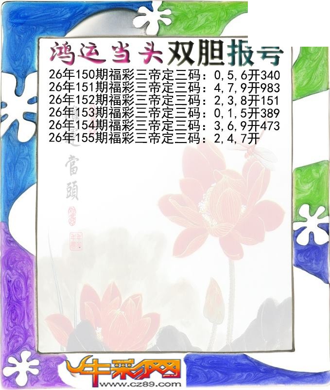 鸿运当头双胆报号155期体彩P3图谜