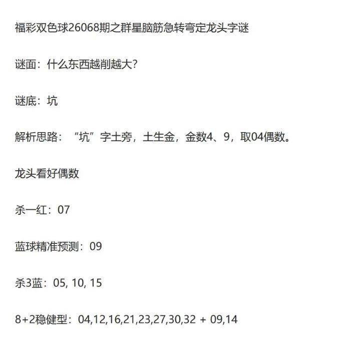 流年26年068期双色球动脑筋急转弯龙头字谜