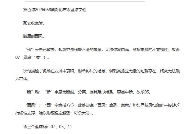 26年福彩双色球068期 哥伦布一句杀蓝球字谜