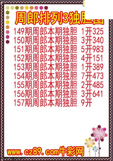 26年157期周郎排列3独胆图