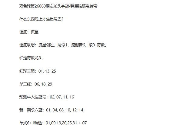 26年福彩双色球069期 群星脑筋急转弯定龙头字谜