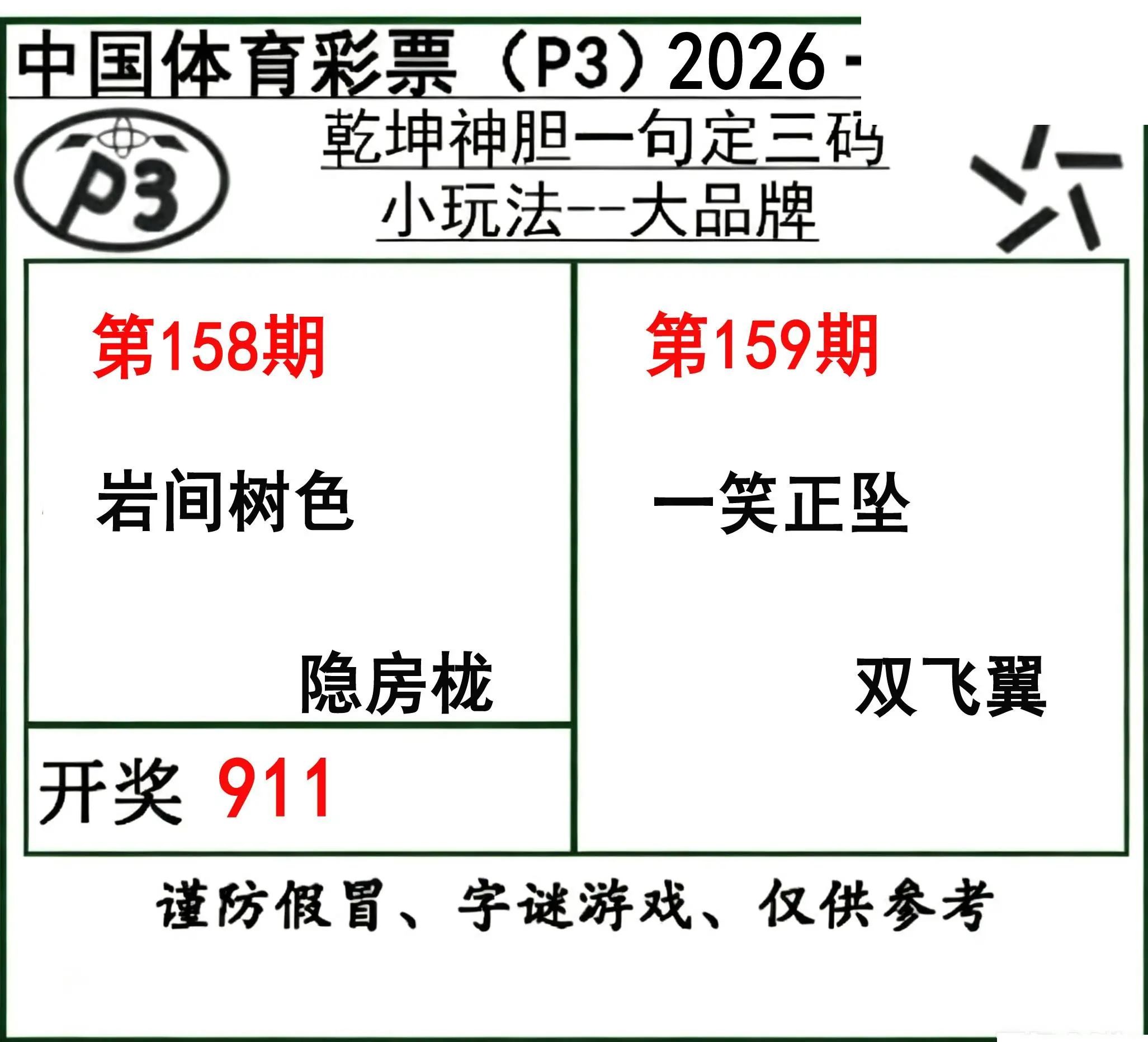 乾坤一句定三码26年159期P3图谜