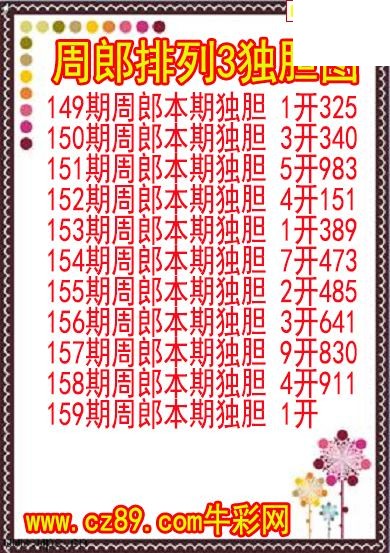 26年159期周郎排列3独胆图