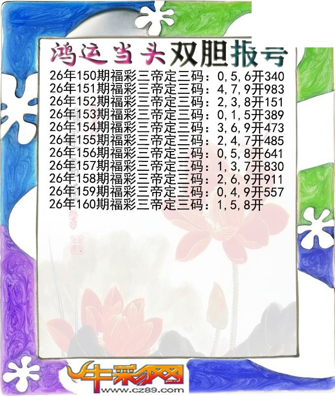 鸿运当头双胆报号160期体彩P3图谜
