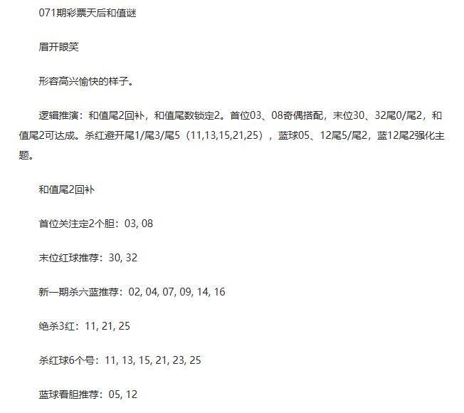 26年福彩双色球071期 彩票天后和值谜