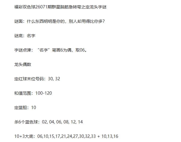 26年福彩双色球071期 群星脑筋急转弯定龙头字谜