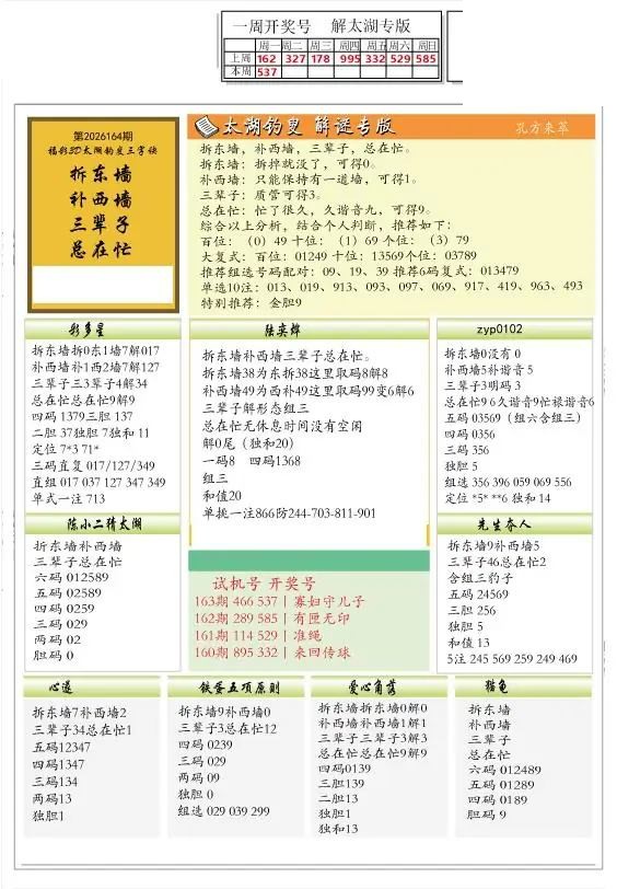 2026164期解太湖3d字图迷汇总报