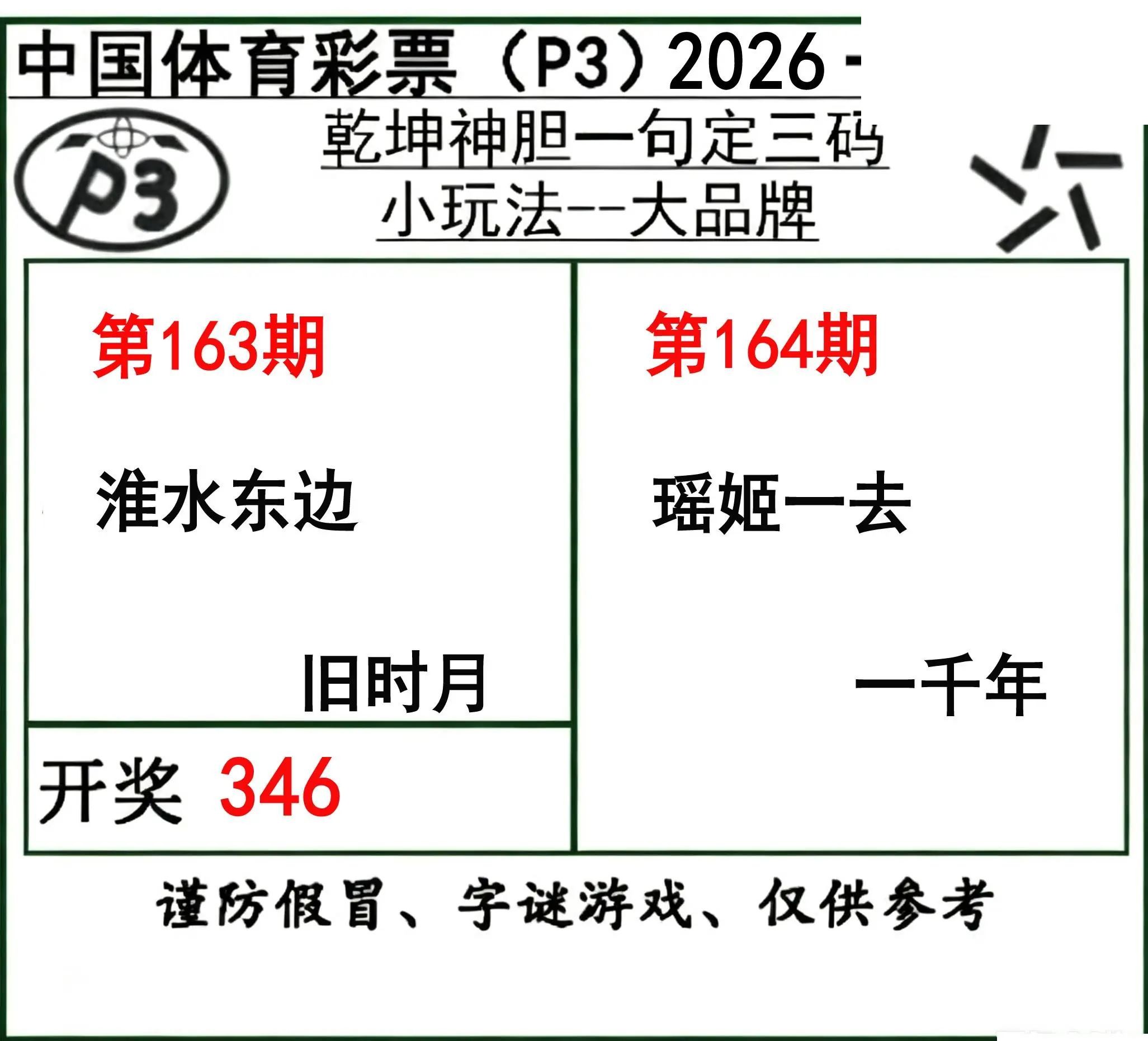 乾坤一句定三码26年164期P3图谜