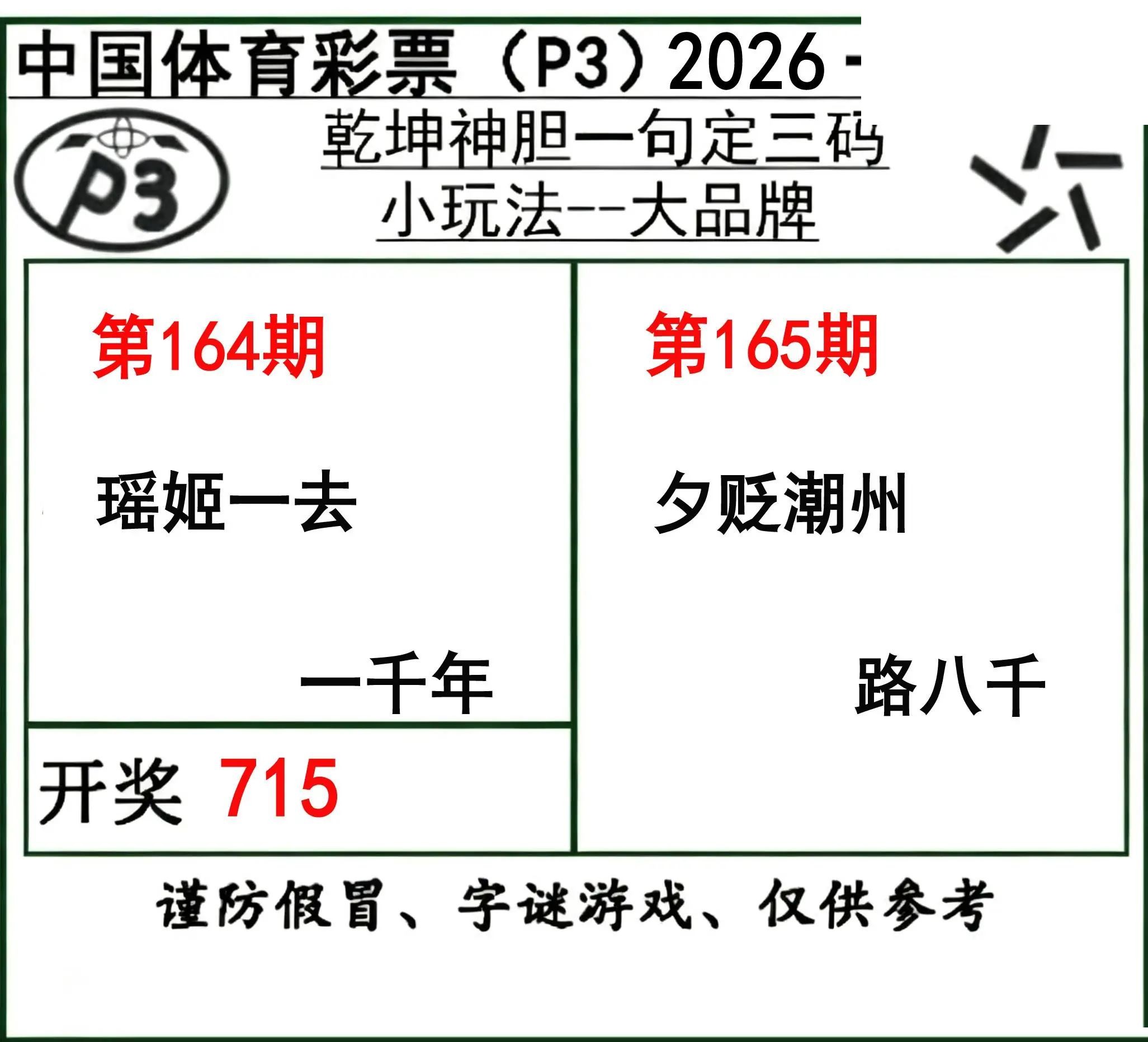 乾坤一句定三码26年165期P3图谜