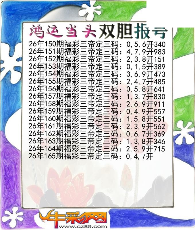 鸿运当头双胆报号165期体彩P3图谜