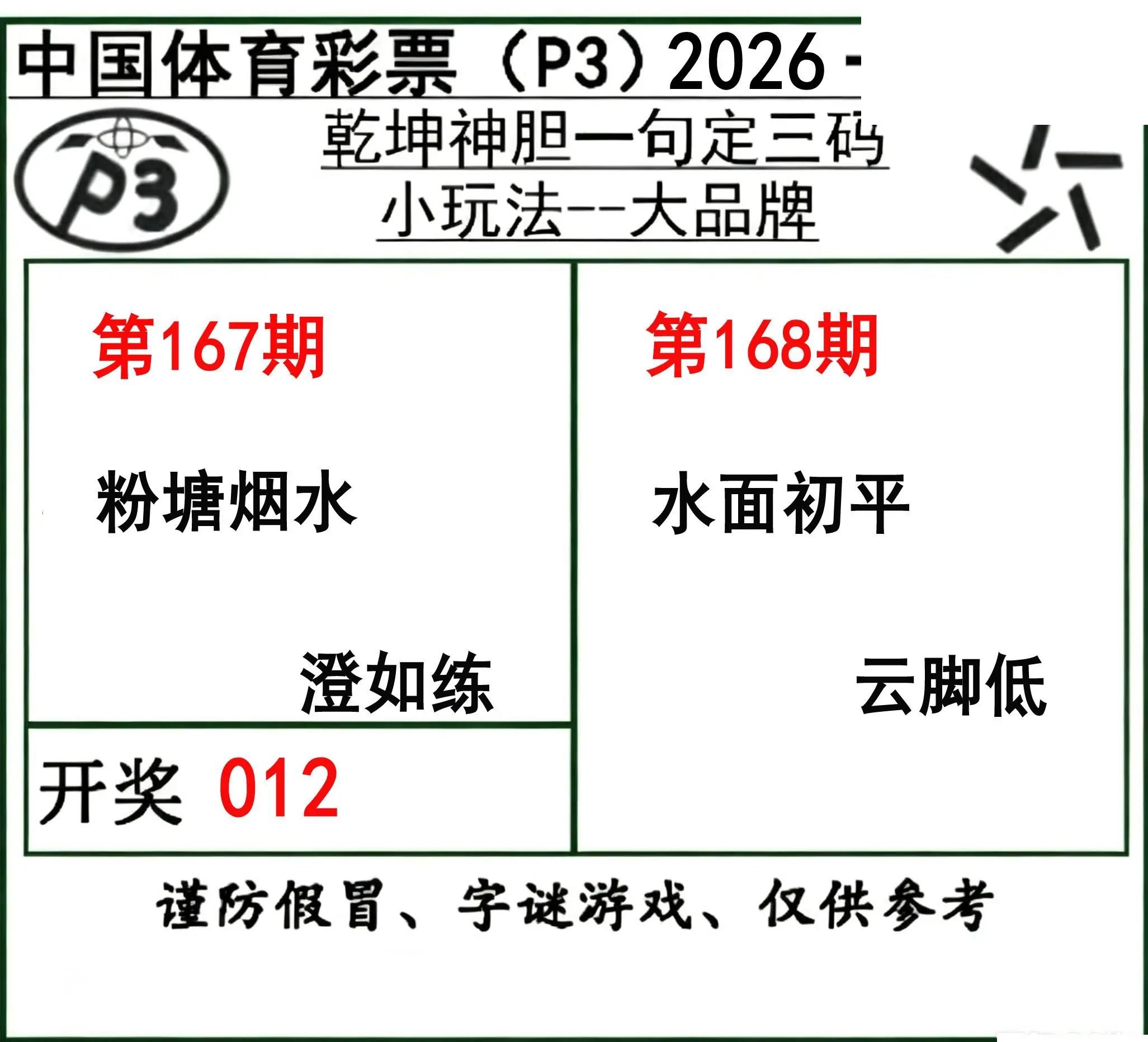 乾坤一句定三码26年168期P3图谜
