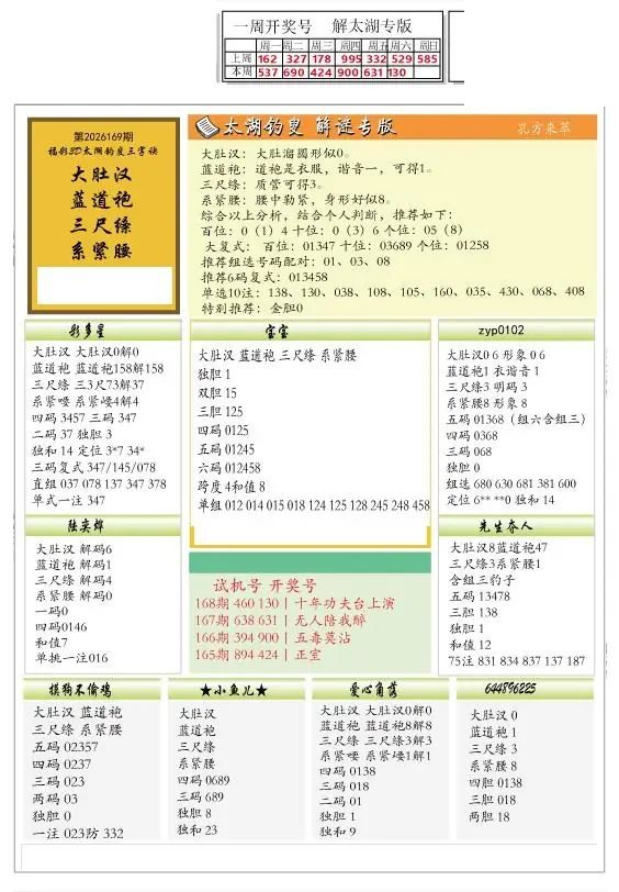 2026169期解太湖3d字图迷汇总报