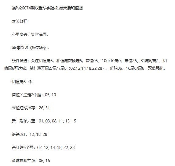 26年福彩双色球074期 彩票天后和值谜