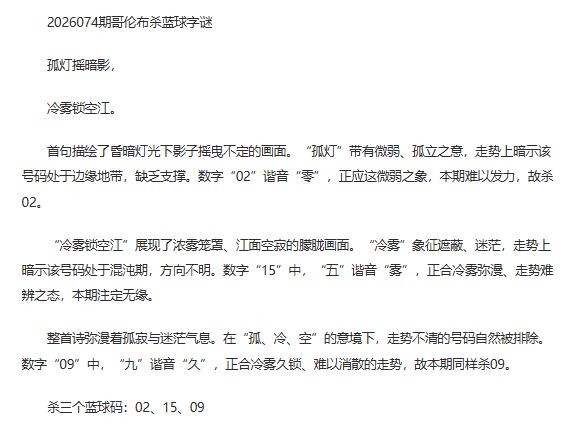 26年福彩双色球074期 哥伦布一句杀蓝球字谜