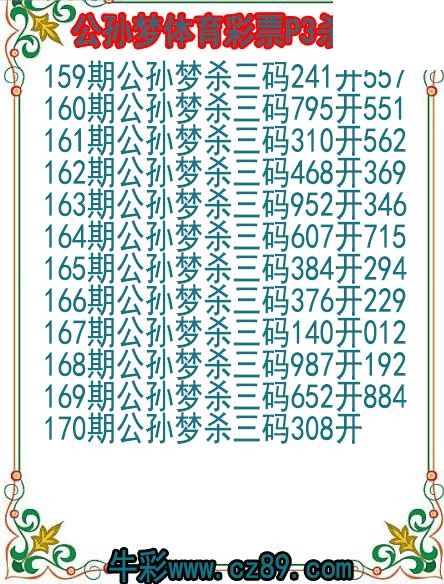 26年170期公孙梦体育彩票P3杀码图
