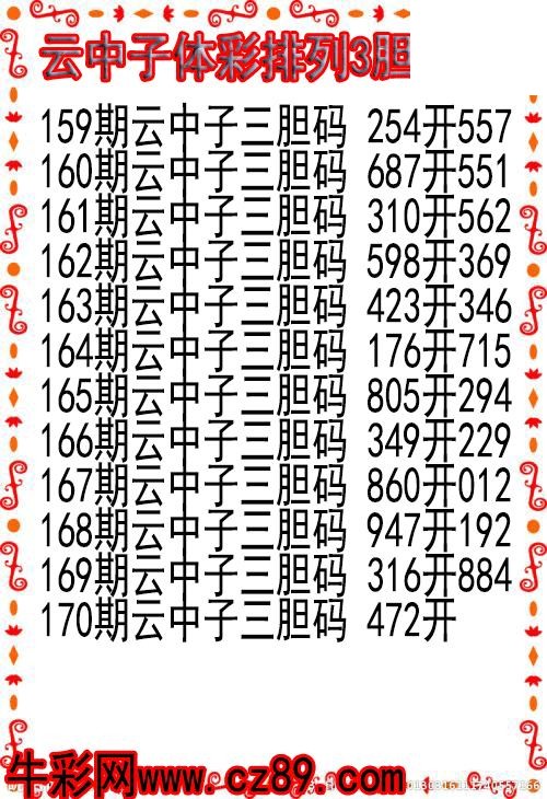 26年170期云中子体彩排列3胆码图