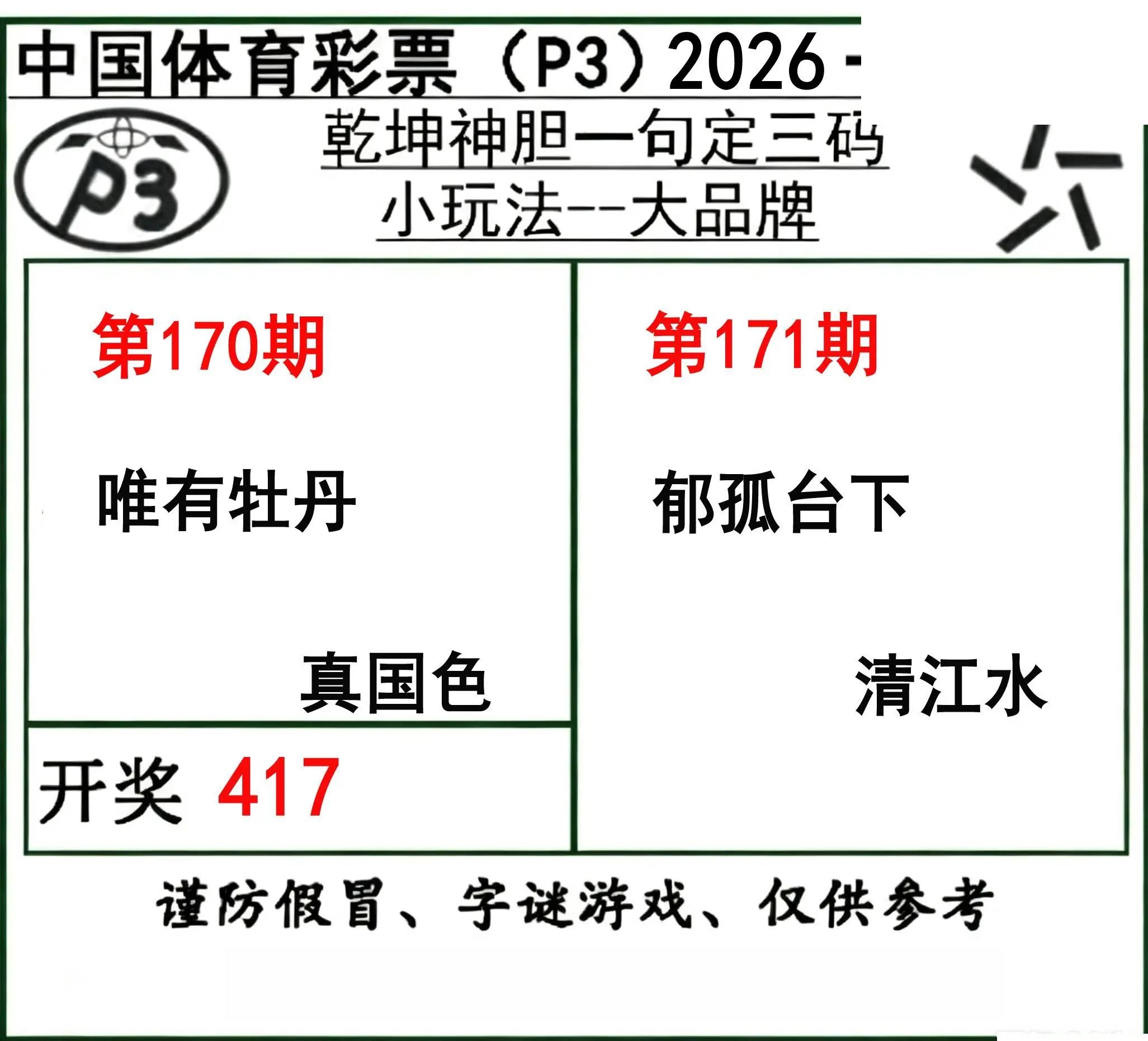 乾坤一句定三码26年171期P3图谜